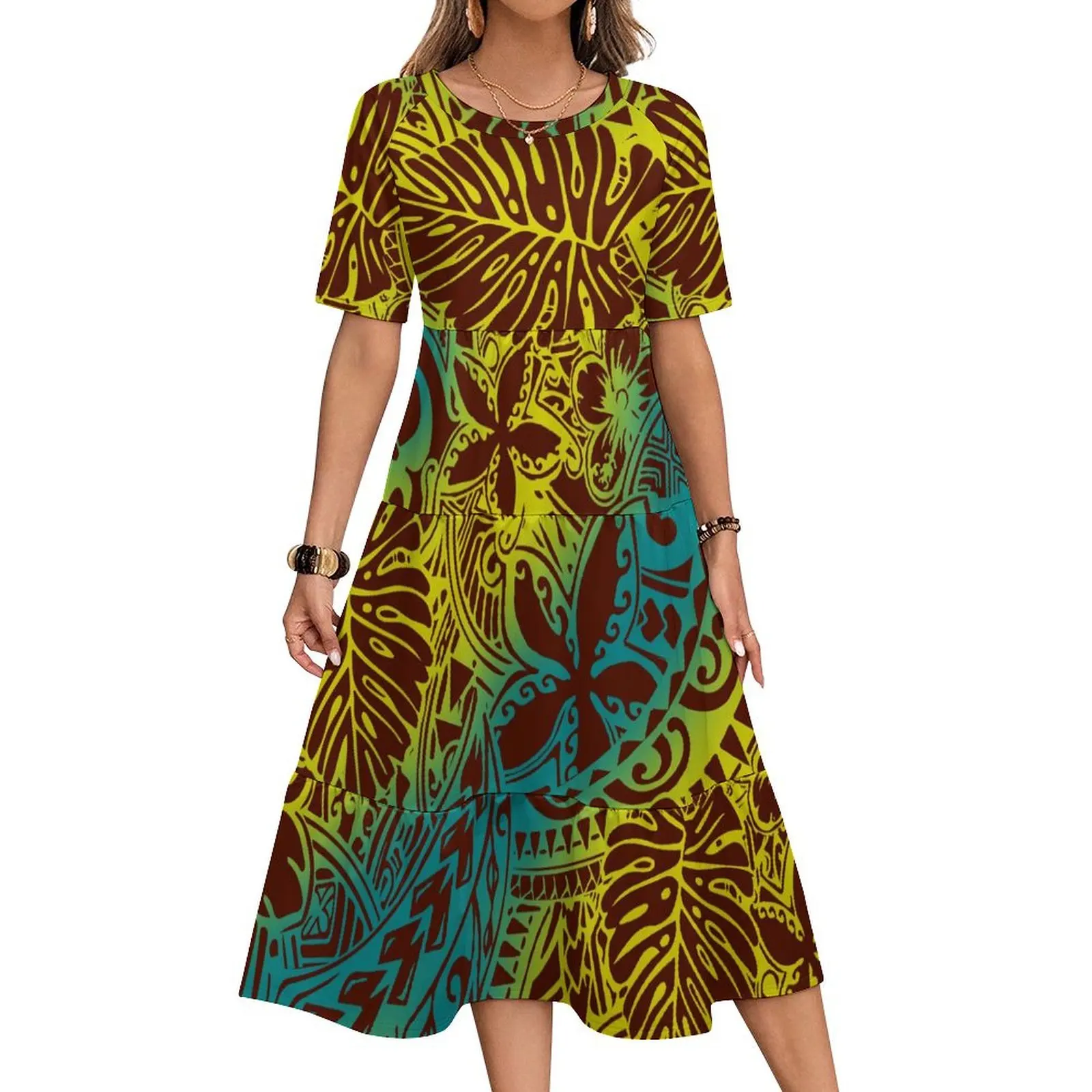 Novo design tribal de tonga polinésia ajuste vestido samoano multi em camadas vestido feminino manga curta maxi vestido casual roupas tamanhos grandes