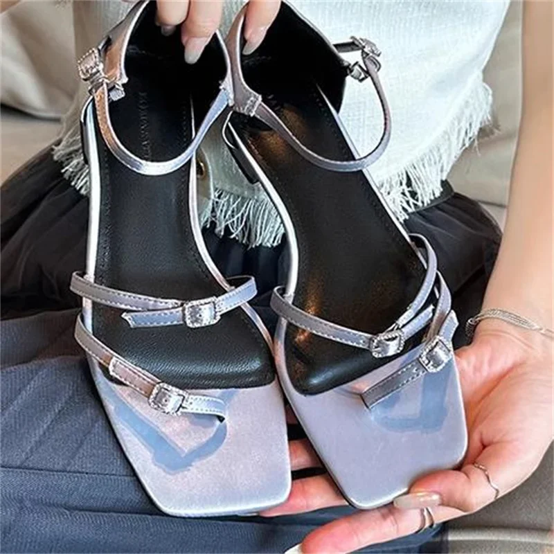 Rhinestone Buckle Shoes For Ladies Square Toes Low Heels Mixed Colors Female Sandals Crystal Womens Ankle Strap Zapatos Mujer