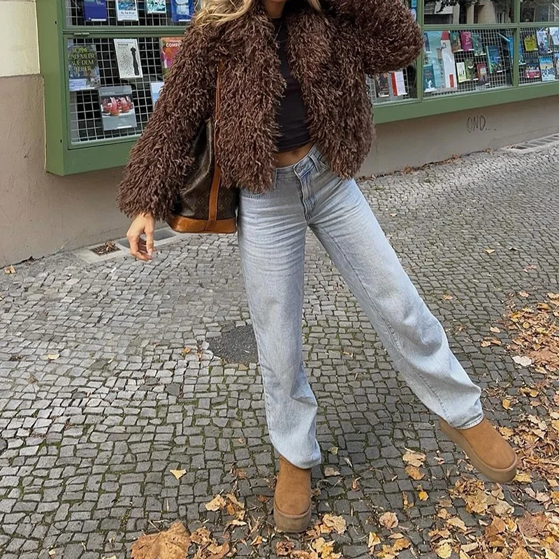 

Brown Faux Fur Women Jacket Lapel Long Sleeve Thick Warm High Street Fashion Soft Furry Coats Winter New Lady Commuter Outerwear