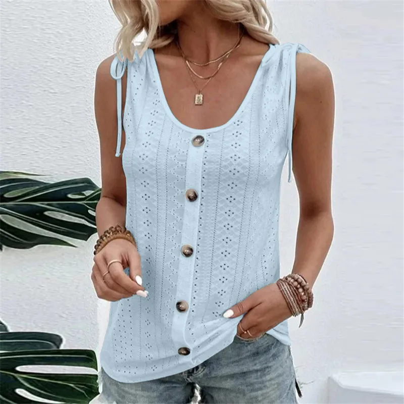 2023 New Women White Blouses Summer Tank Solid Colors Hollow Out Loose Shirts Sweet Casual Sleeveless Button Sexy Lace Up Tops