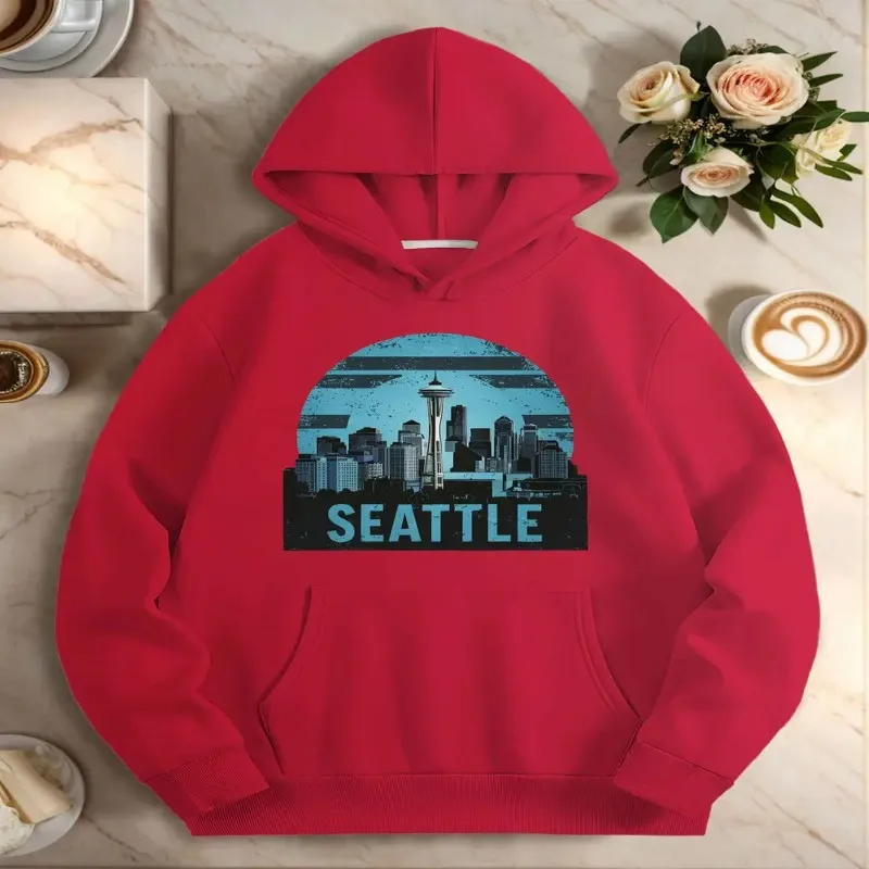 

Fall Winter Women Plus Size Clothes Oversize Female Sweatshirt Vintage Seattle Skyline Illustration Round Neck Comfortable Y2k
