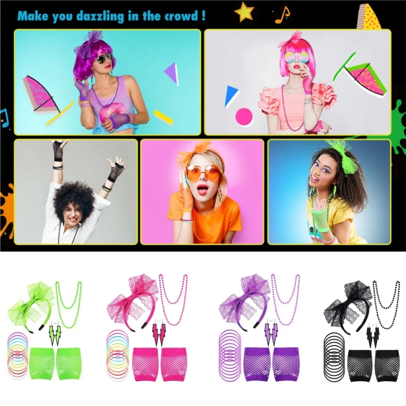 

Sexy 80s Accessories Women Lace Headband Earrings Fishnet Gloves Necklace Bracelet for 80s Retro Party Neon Beads Necklace