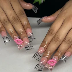 24pcs Leopard print Fake Nails Red Lip Design False Nails European Duckbill Shaped Press On Nails for Girls Women Full Cover