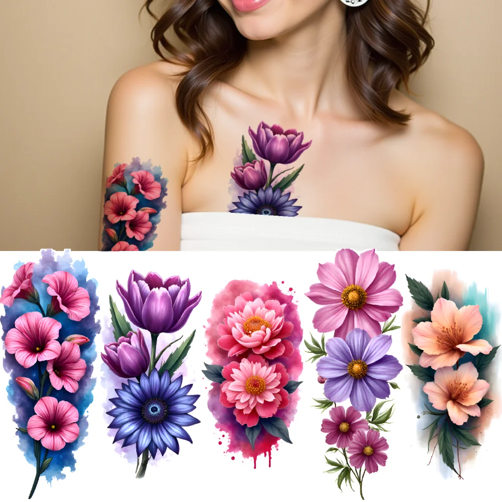 

3pcs Temporary Tattoo Flower Tattoos Colorful Realism Floral Patterns Waterproof Long-lasting Body Stickers For Adult Male