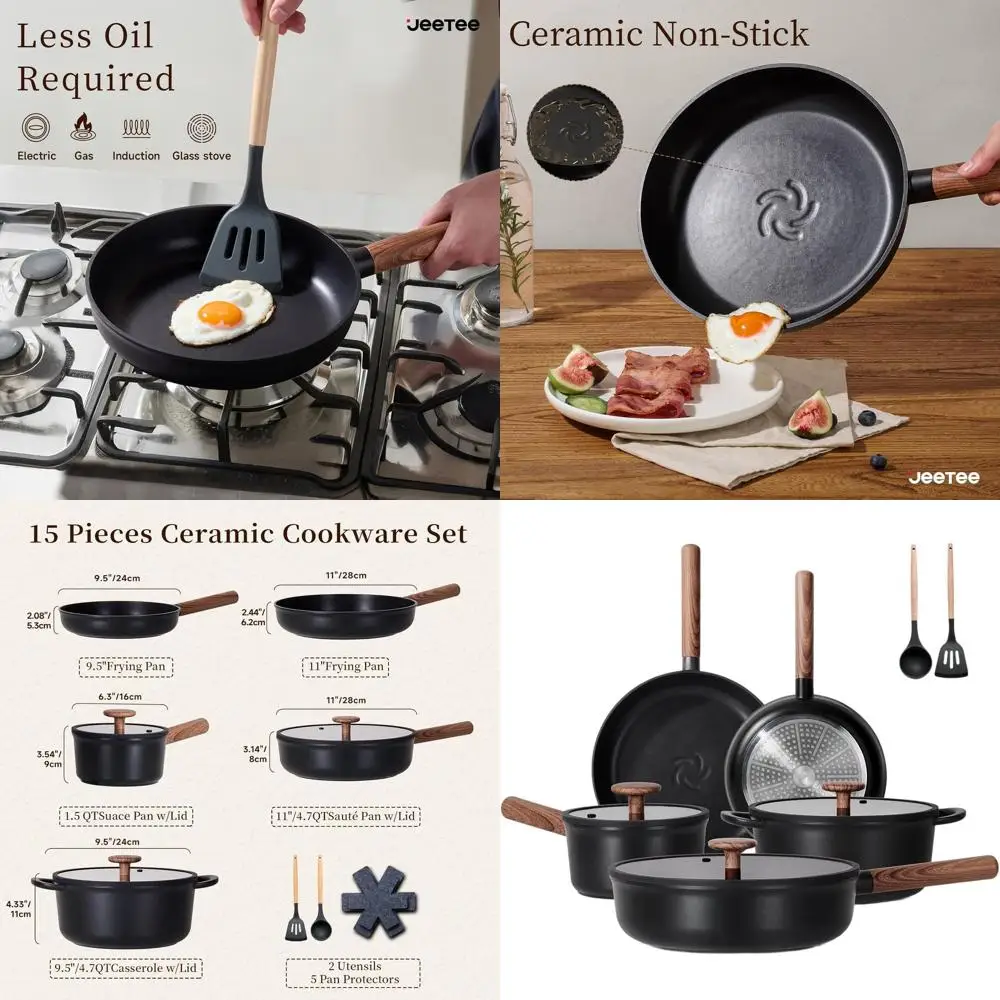 

15-предметный набор посуды с антипригарным покрытием и съемными ручками, подходит для индукционных плит, можно использовать в духовке, черный цвет