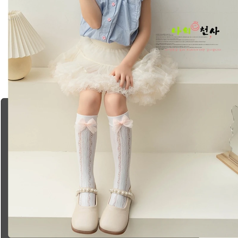 Mesh Socks for Kids Spring Antimosquito Knee High Socks for Toddlers Breathable Lace Bowknot Hollowed Socks for Girls