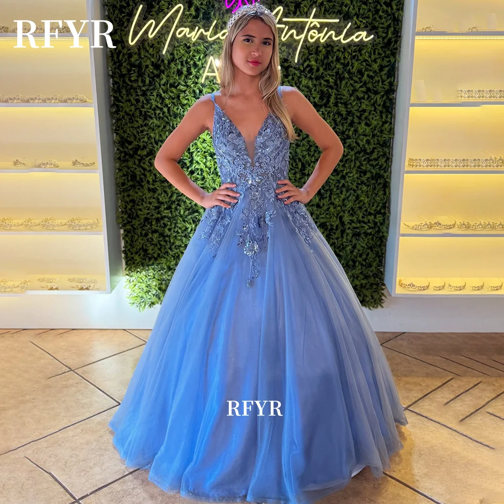 

RFYR Blue Evening Dress Lace Applique Prom Dress Princess Party Gown Elegant Celebrity Gowns فساتين مناسبة رس