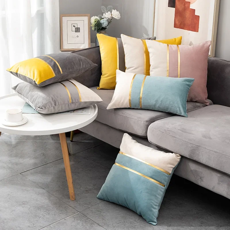 Comfortable Velvet Sofa Cushion 45x45cm Fashion Contrast Color Gold Bar Stitching Pillowcase Decorative Pillows for  BedHome