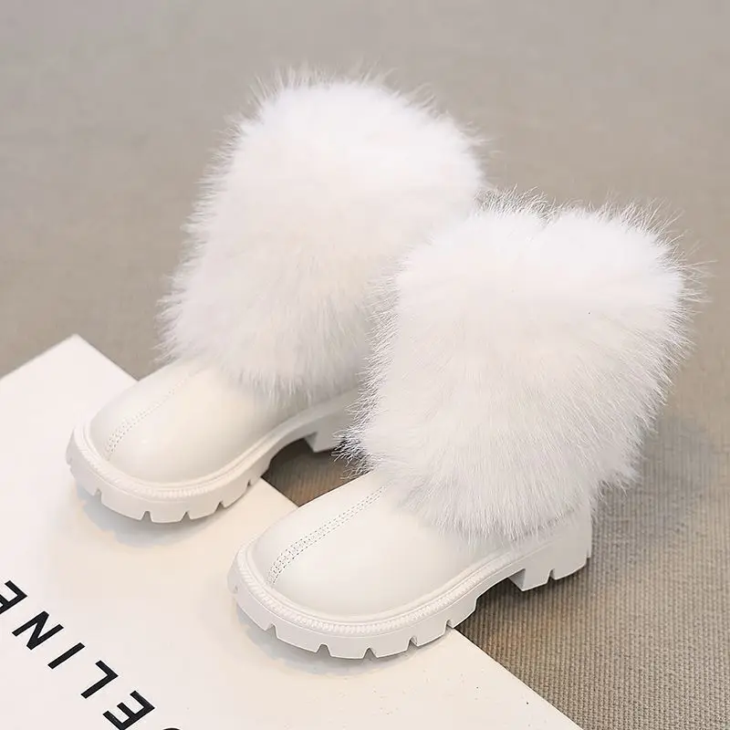 Winter Solid Kids Fashion Boots PU Leather Faux Fur Girls Knee High Shoes 2024 Zip Non Slip Children Long Boots