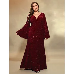 Plus Size High Stretch Sequin Dress with Bell Sleeves, Loose Evening Dress V-Neck, 5XL, 6XL, Big Size, Shiny Velvet Prom Dress