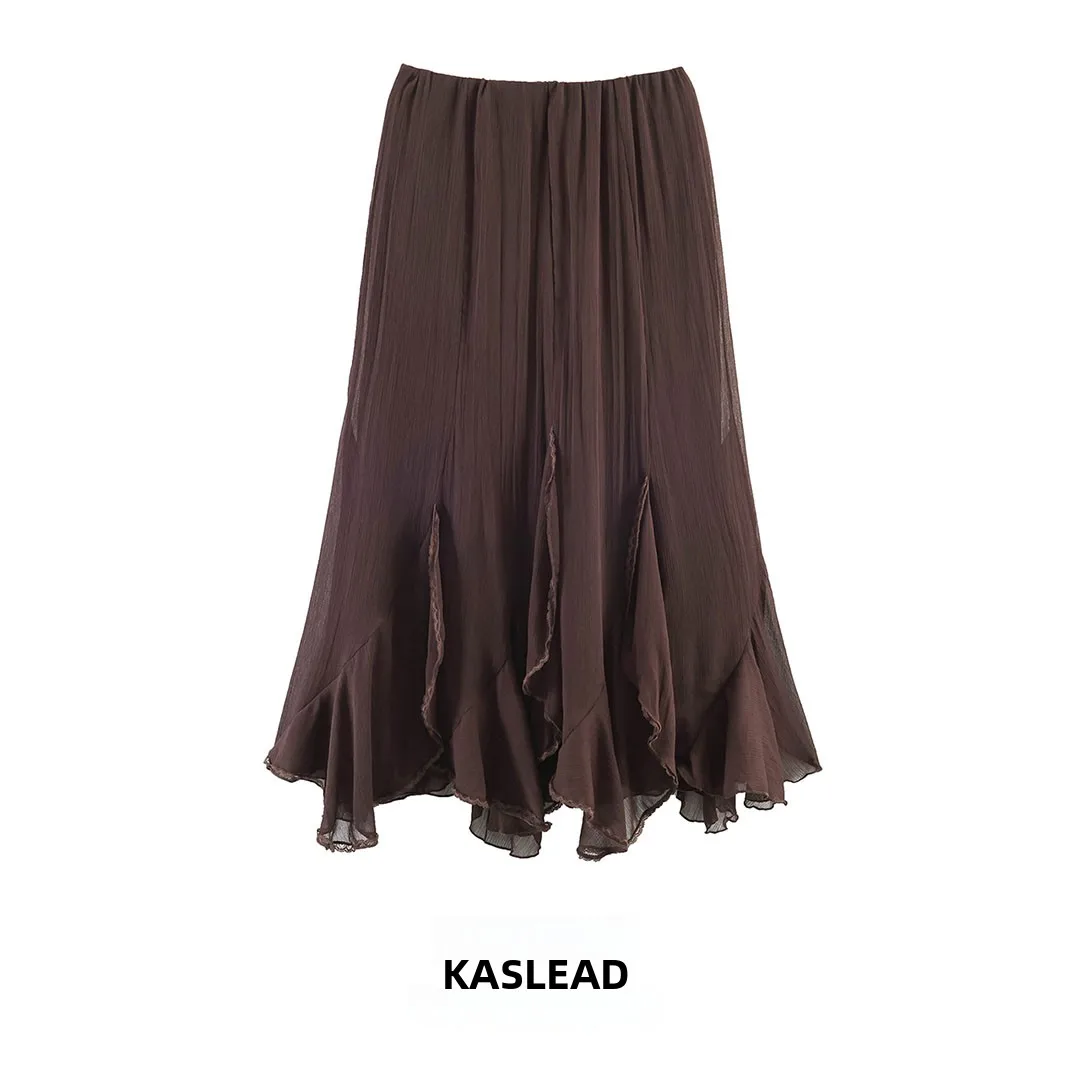 

KASLEAD New Women's Fashion Lace Layered Decoration Midi Skirt Standard A-Line Midi Skirt Polyester Fiber mid Waist Design