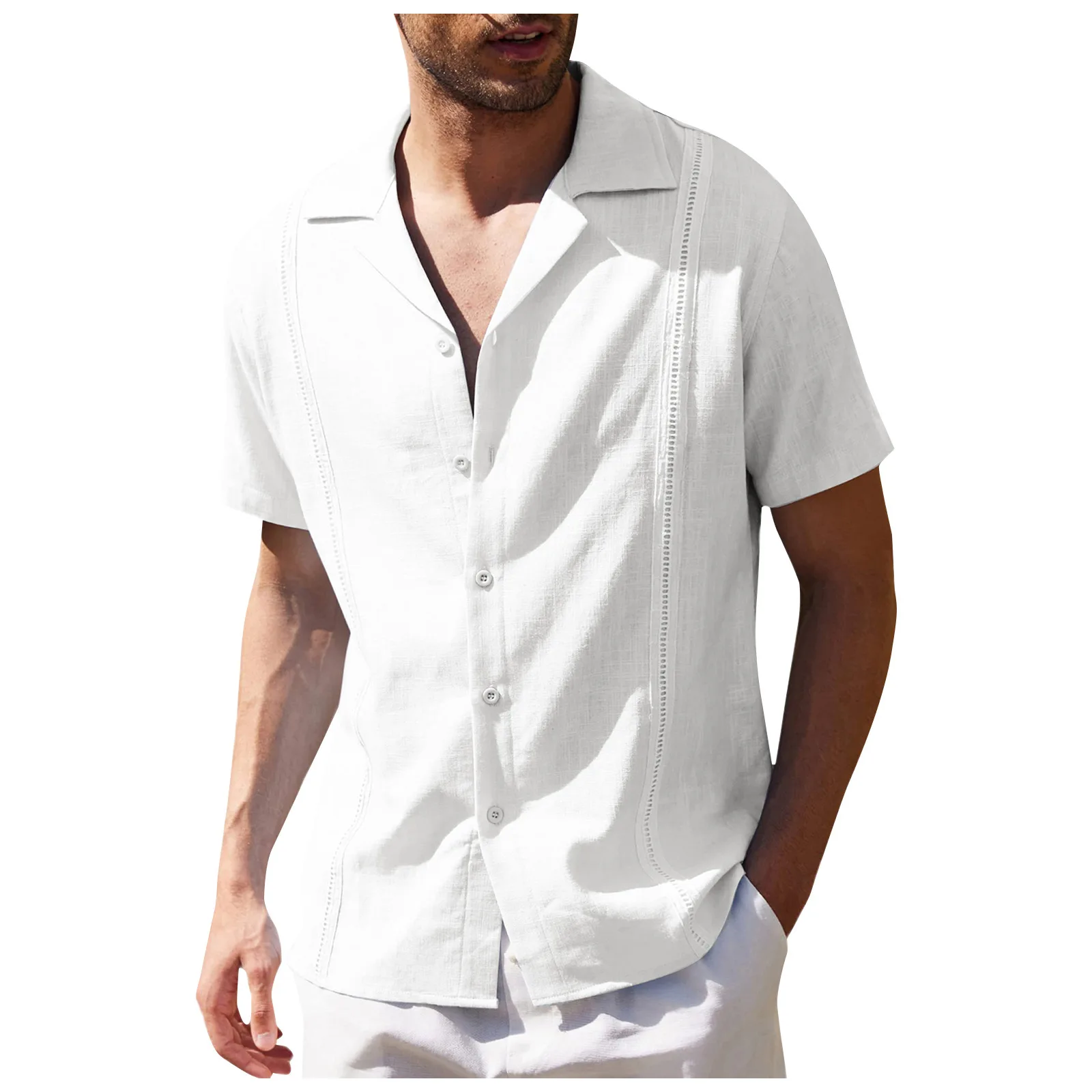 Men\'s Traditional Cuban Camp Collar Guayabera Shirt Short Sleeve Embroidered Mens Shirts Soft Breathable Solid Color Beach Shirt