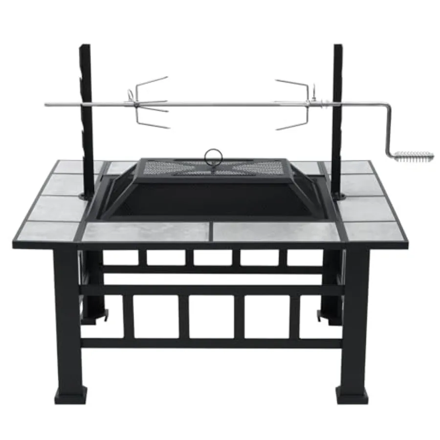 

37 Inch Square Fire Pit Table for Outdoor Use with Heavy Duty Steel Construction Large Wood Burning BBQ Bonfire Pit Featuring G