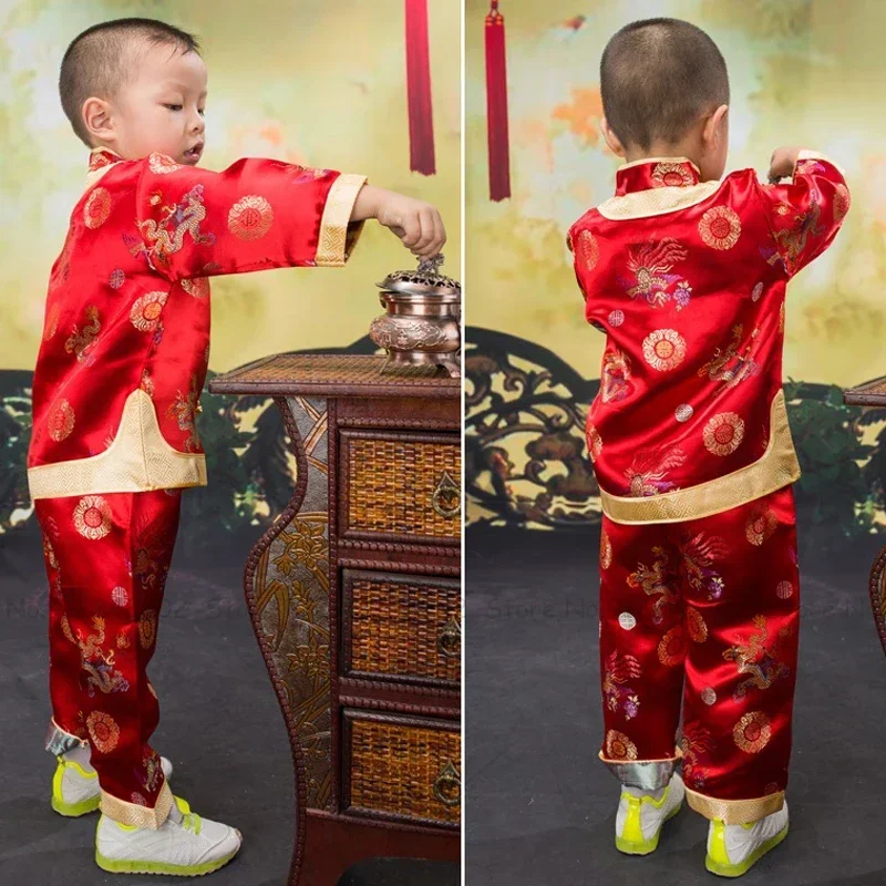 Newborn Baby Chinese Style Red Tang Suit Children Qipao Shirts Tops Pants Kids Dragon Phoenix Embroidery Festive Outfits Set