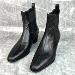 Snakeskin Western Style Chelsea Boots Men Pointed Toe Handmade Vintage Shoes Men Genuine Leather Short Boots Fashion Men's Shoes