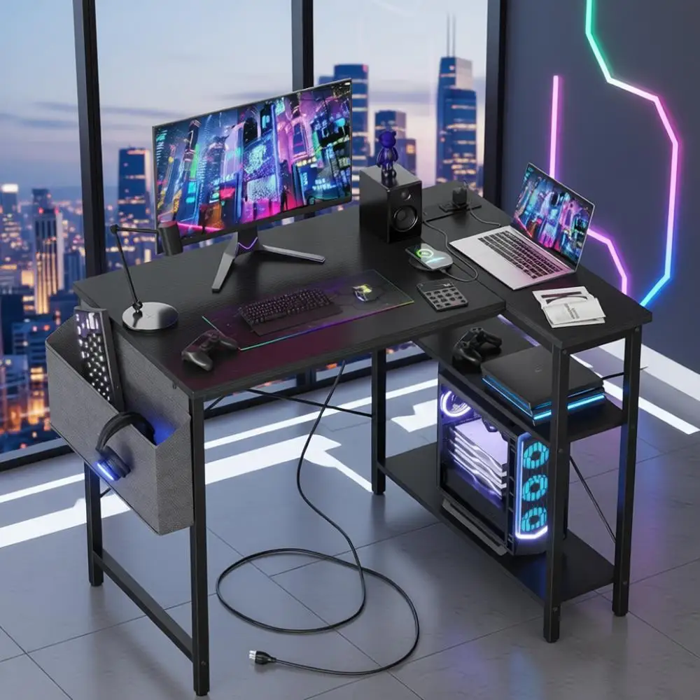 مكتب ألعاب مدمج على شكل حرف L مع منافذ طاقة، أرفف قابلة للعكس، 40 أسود للمكتب المنزلي والدراسة