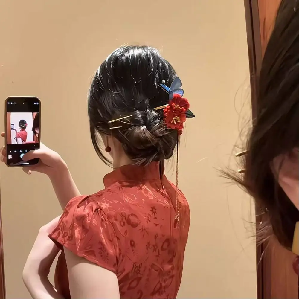 

Elegant Tassel Red Flower Hair Clip Pearl Retro Hanfu Hairpin Antique New Chinese Style Bridal Hair Accessories Hanfu Headwear