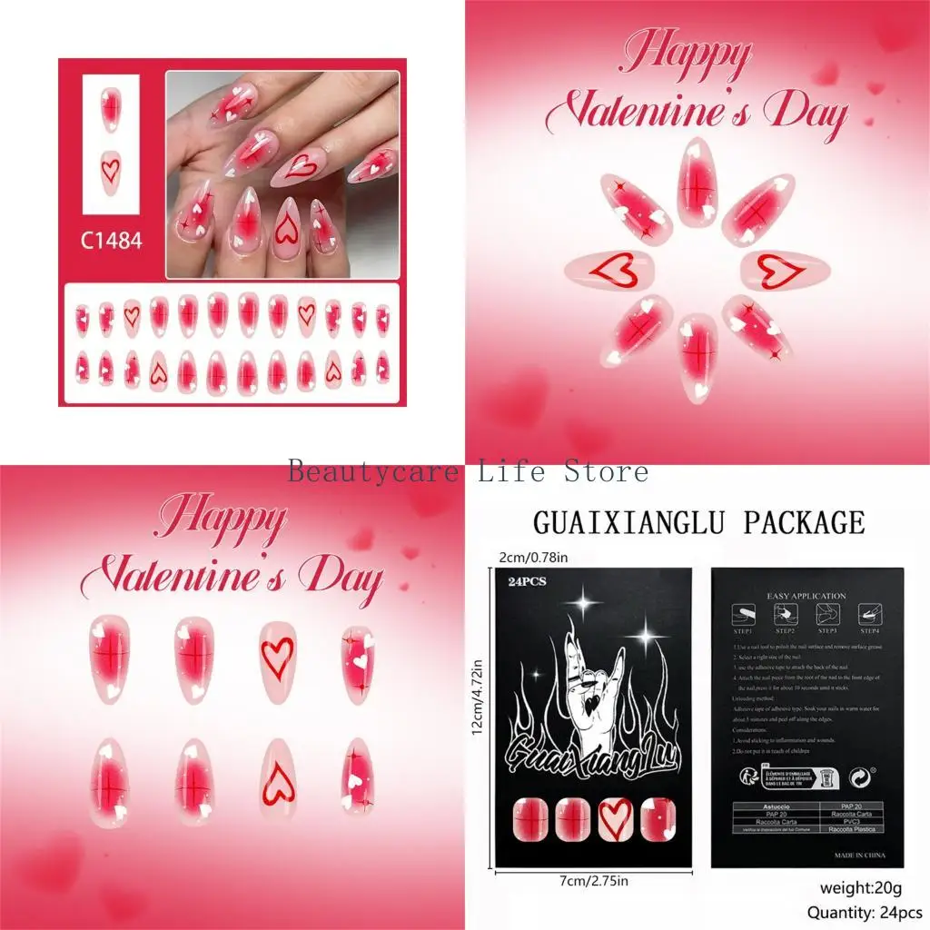 

652C 24 шт. глянцевый ABS пресс на ногтях средней длины в форме капель воды Валентина румяна в форме сердечек с золотыми