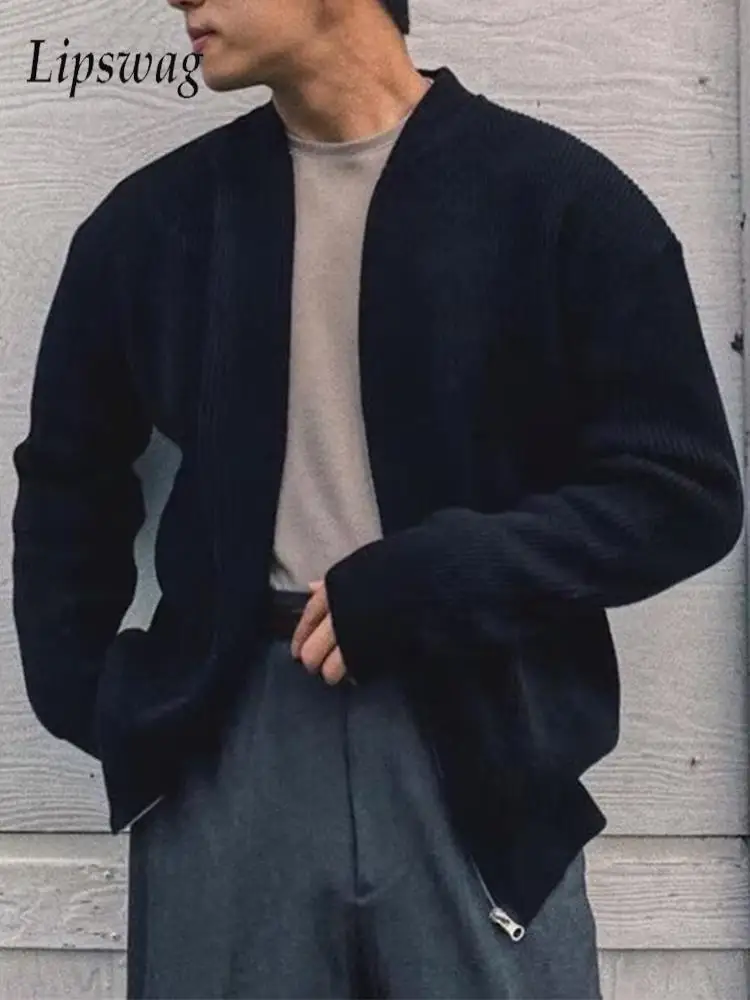 

Vintage Zip-up Crew Neck Knit Cardigans Mens Fashion Solid Color Knitting Jacket Coats Men Fall Casual Long Sleeve Slim Jackets
