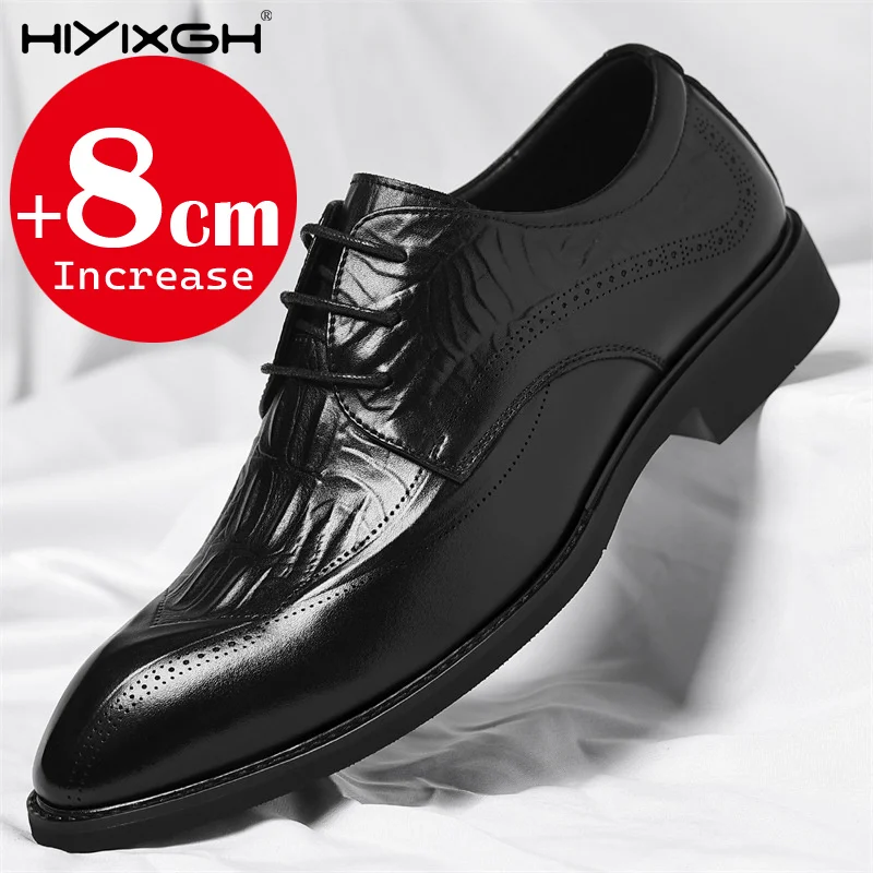 Men Hidden Height Increasing 6cm 8cm Brogue Dress Shoes Crocodile Pattern Lace Up Formal Wedding Business Elevator Leather Shoes