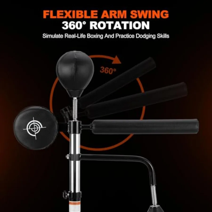 Home gym punching bag stand: steel frame, black finish, 5-in-1 versatility with adjustable height, 360 rotating react bar, hitt