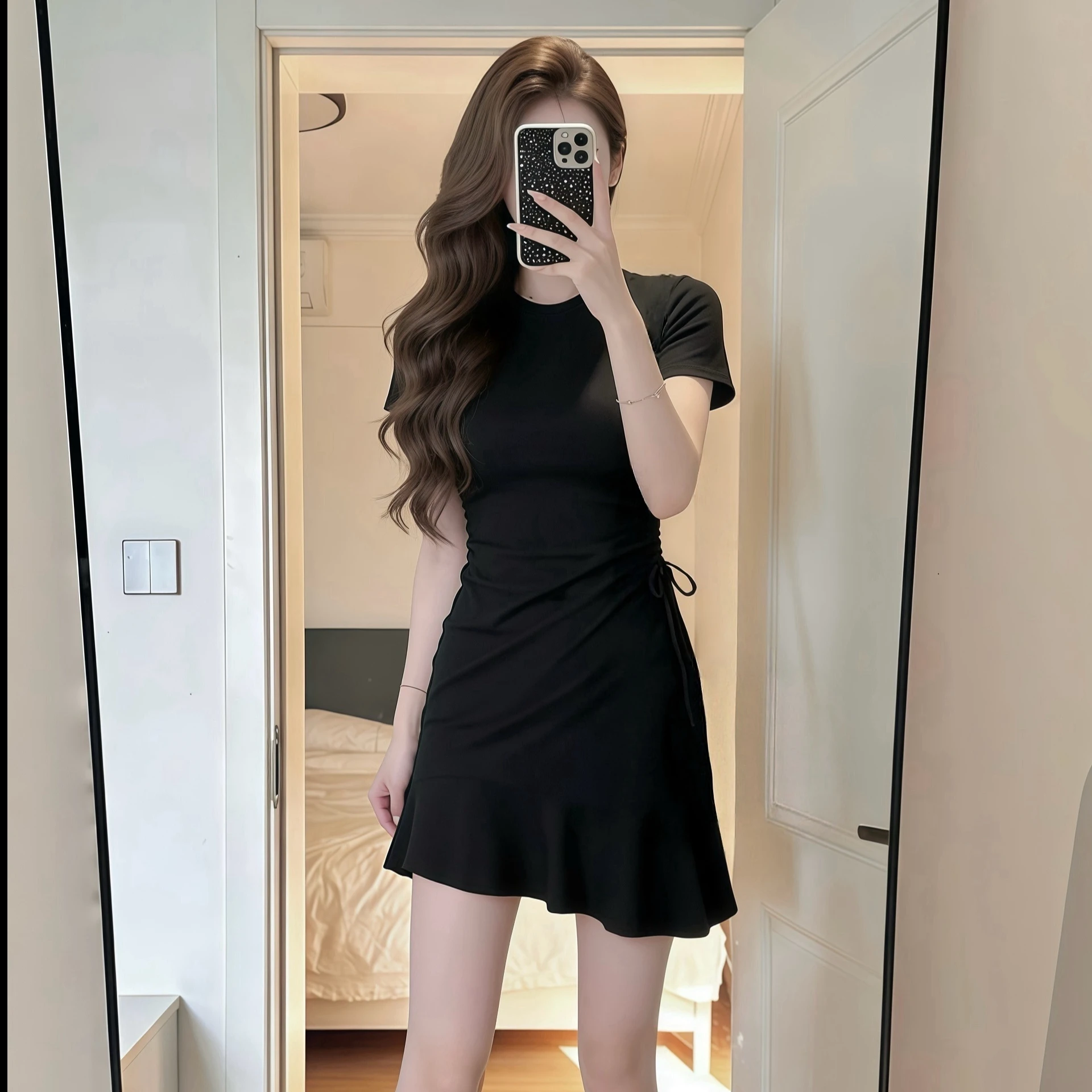Slimming Black Dress Summer Design Drawstring Fish Tail Short Sleeve Ruche Women's Fashion Cleanfit O Type Skirt round Neck