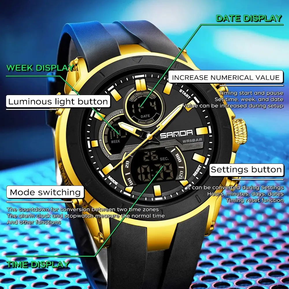 SANDA Mens Watches Countdown Waterproof Alarm Clock Wristwatch Multifunctional Luminous Men Quartz Digital Watch Alarm Clock image 5