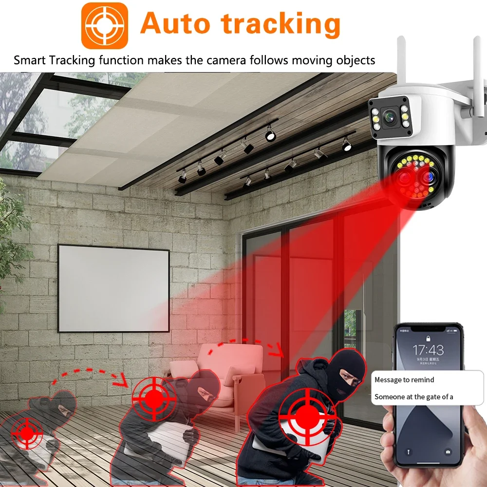 12MP 6K WiFi PTZ Camera 10X Zoom Three Lens Dual Screens Security IP Camera Waterproof Human Detection Color Night Vision ccam