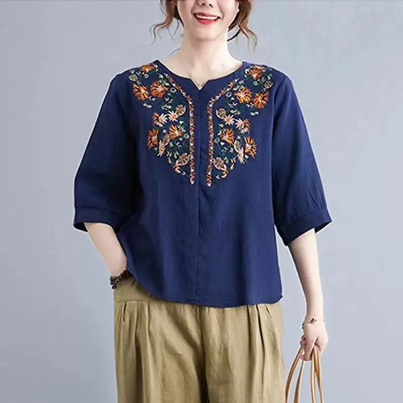 

Indie Folk Embroidered Cotton Hemp Vintage Oversized T-shirt Spring Summer 3/4 Sleeve Tees Female Clothing Fashion Casual Tops