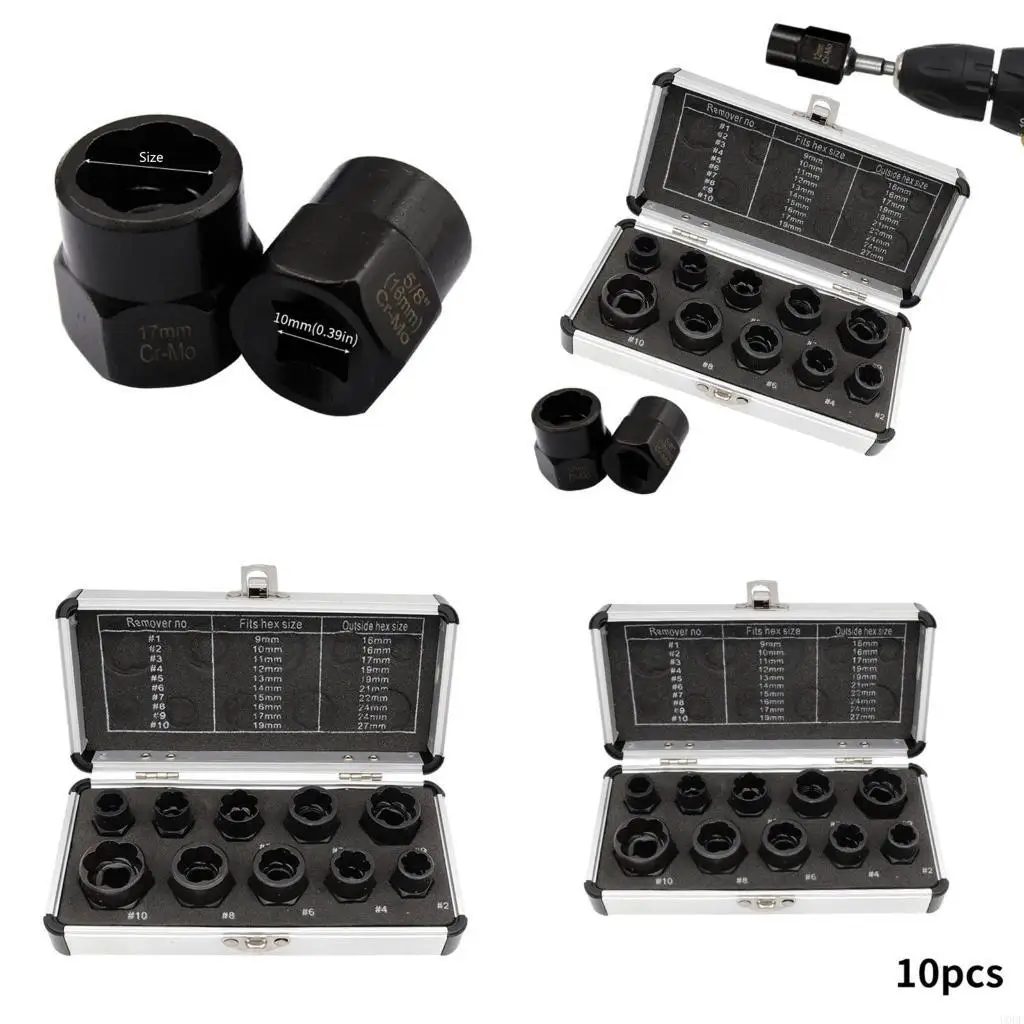 

10Pcs Impact Damaged Bolt Nut Screw Remover Extractor Socket Tool Removal Set Bolt Nut Screw Removal Socket Wrench