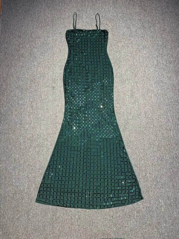 Fashion Dark Green Diamond Super Flash Spaghetti Strap Dress Women's Slim Fit A-line Ankle-length Party Dresses New 3TNF view 5