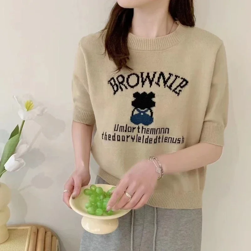 

Spring and Autumn Academy Style Minimalist Casual Knitwear Bubble Sleeve Round Neck Printed Embroidered Women's T-shirt Top