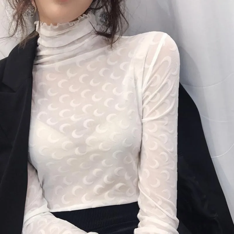 

New f High Ne Bla Moon Base irt Women's Inner High Lace Tight Me Spring Autumn Top Thin Splice Sle Commute Wind