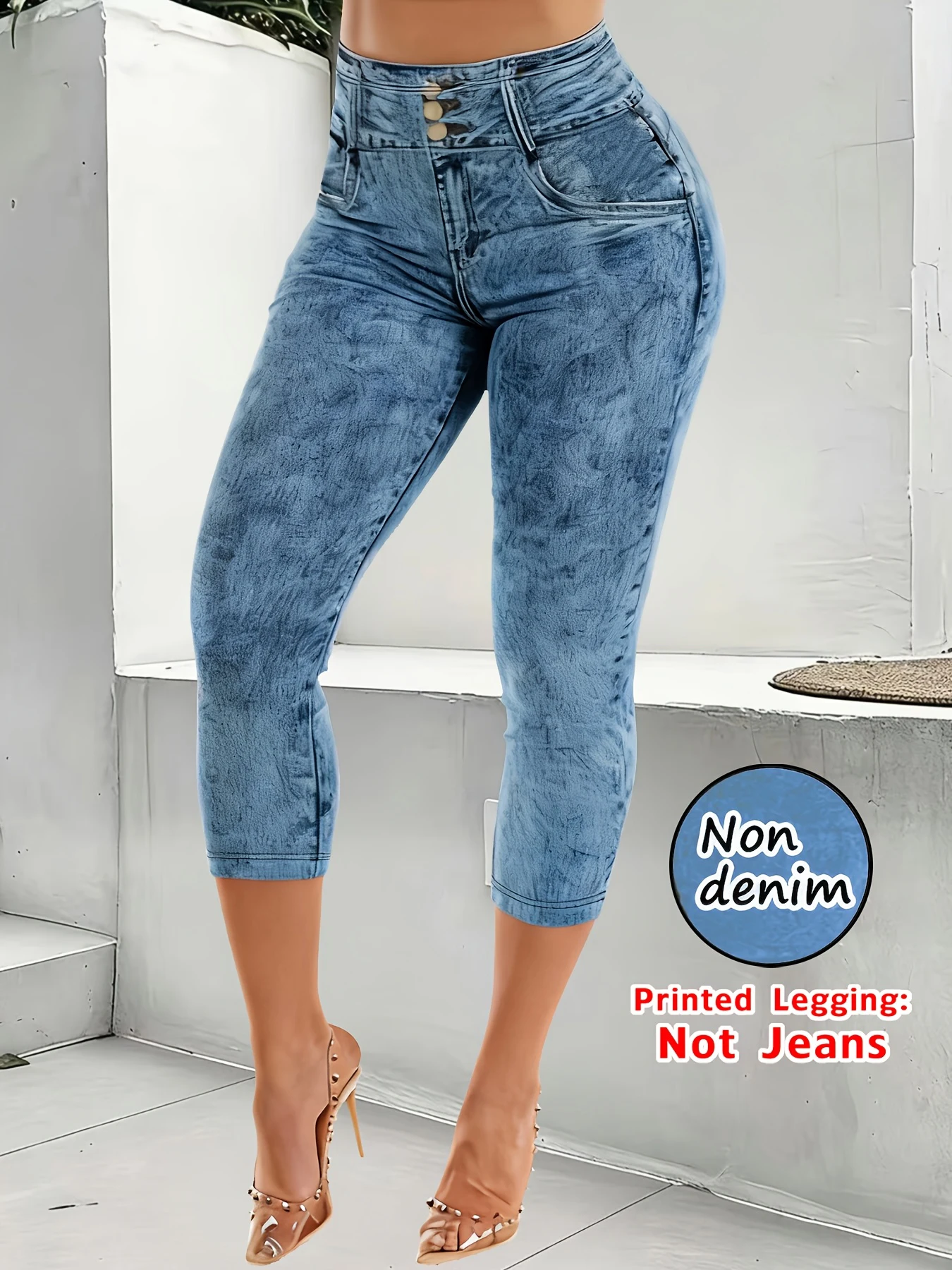 Women's Fashion Printed Faux Denim Capri Leggings, Blue Versatile High Elastic Casual Sports Cropped Pants