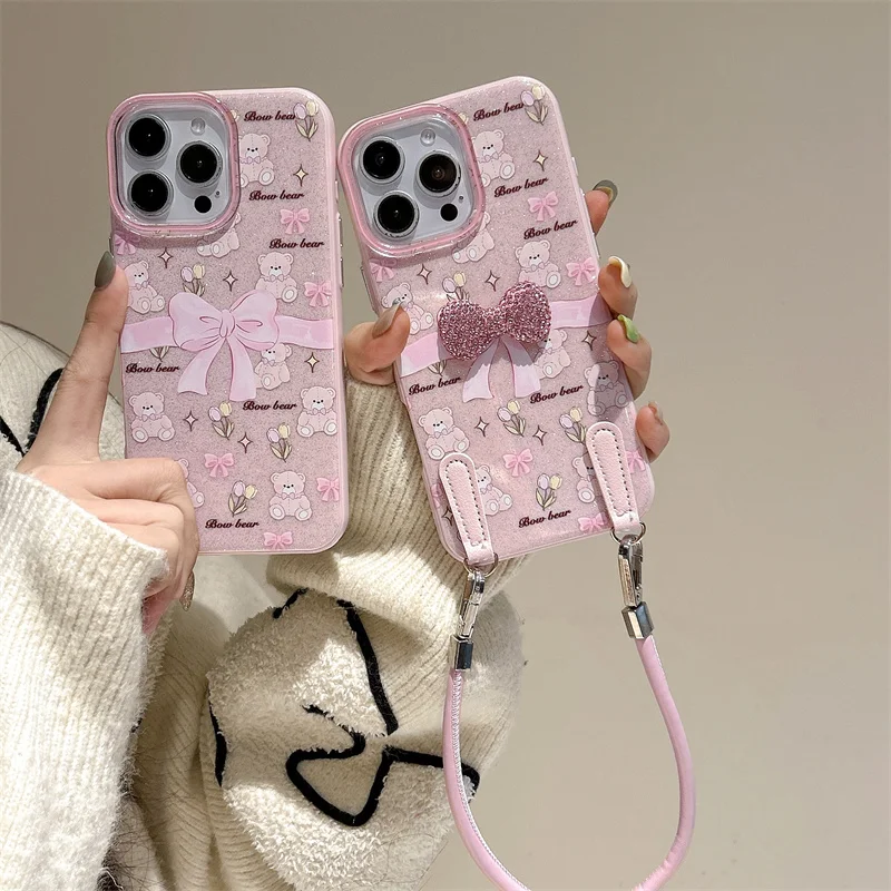 Милый чехол для телефона с блестящим бантом и цветочным принтом медведя для iPhone 14 15 Pro 16 Pro Max Flash, розовый, 3D чехол с бантом и лаппет для девочек, подарок