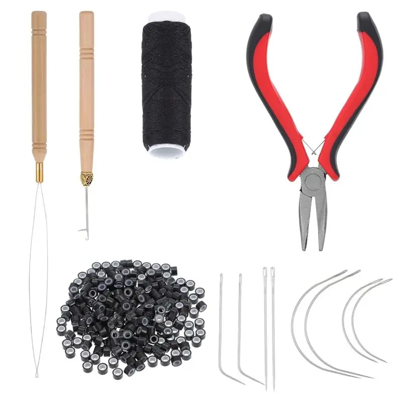 A01F-Bead Device Tool, Hair Extension Tools Kit,Silicone Beads, Plier, Roll Sewing Thread, Loop Needle-Threader, Sewing Needles