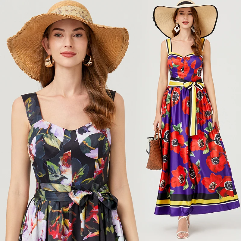 Real Shot European and American Positioning Printing Stereo Chest Pad Sling Dress High Waist Big Swing Dress