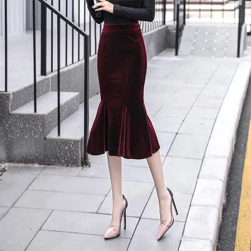 Women Clothing Spring Autumn New Golden Velvet Half Length Skirt High Waist Zipper Slim Temperament A-line Skirt Elegant Vintage