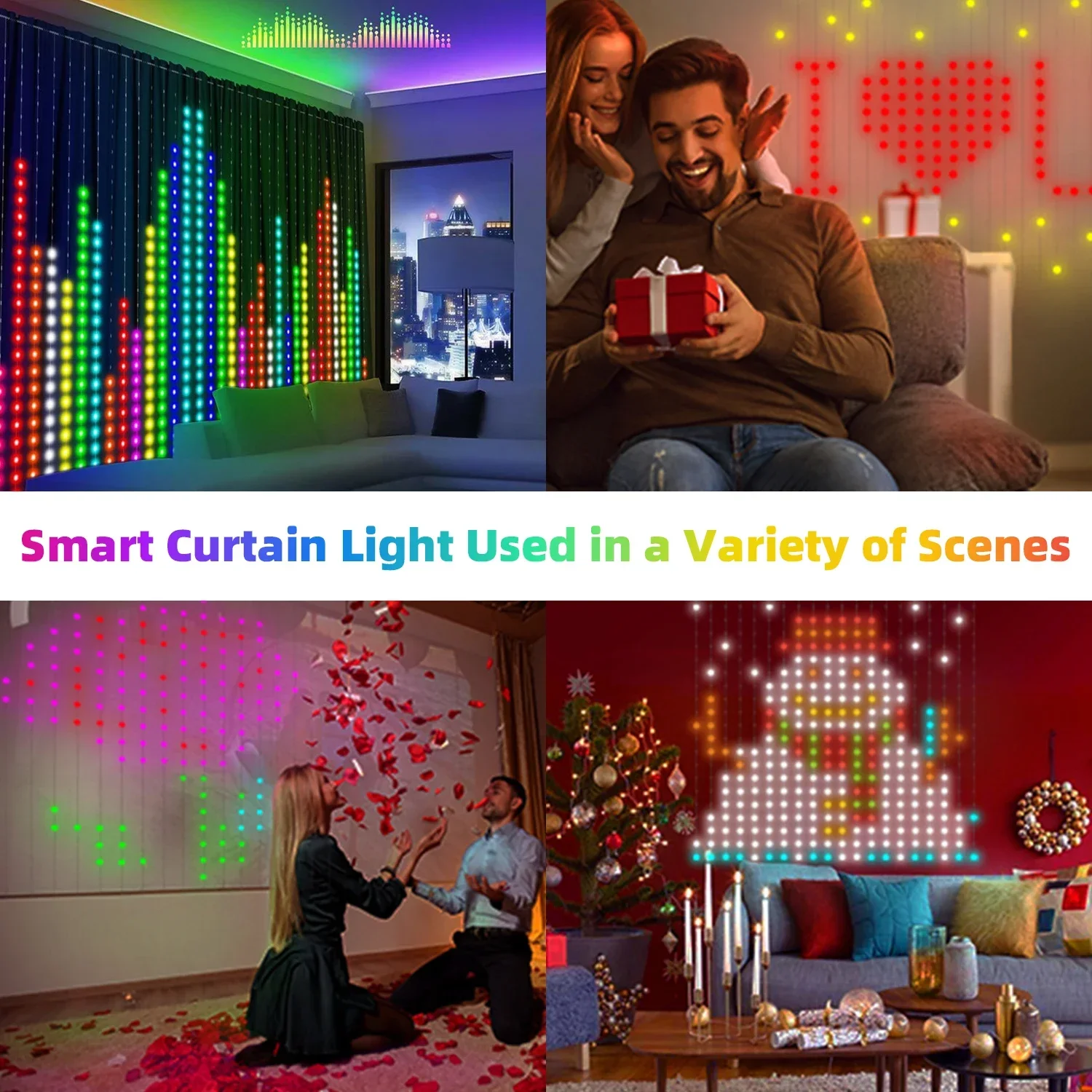 Smart LED Curtain Lights USB,400 LED Dynamic Pattern DIY Curtain String Lights with App & Remote for Bedroom