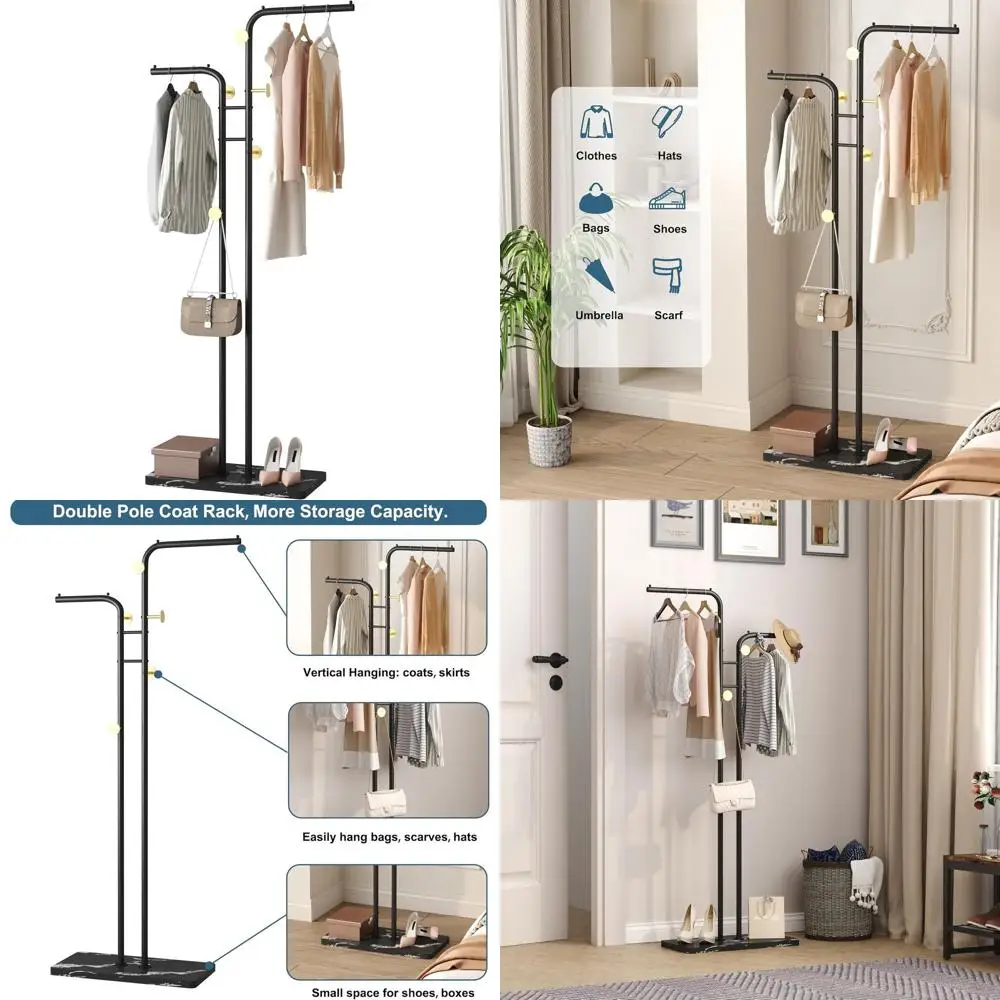 

Metal Double-Pole Coat Rack with 5 Hooks for Home, Suitable for Bedroom, Entryway, Living Room in Black