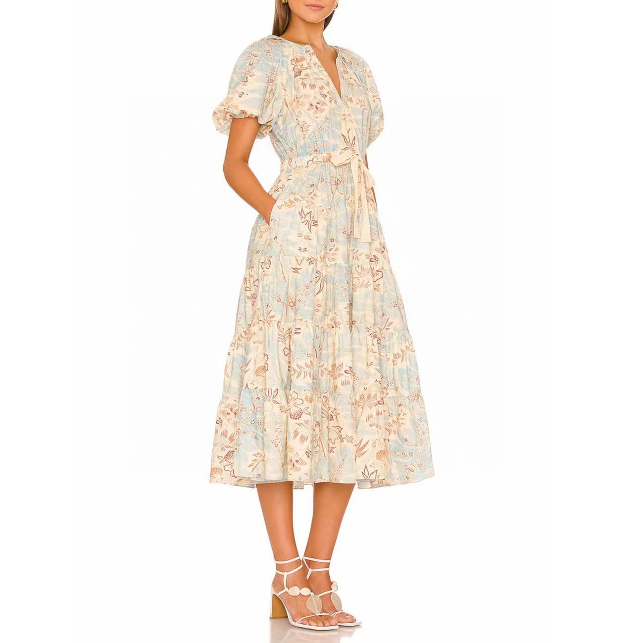 Women Print midi dress short sleeve high waist fashion lady dress