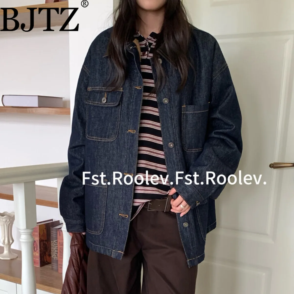 

BJTZ 2025 Лоскутная тяжелая джинсовая куртка Элегантная минималистичная роскошная/премиум-комфортная посадка Высококачественная повседневная верхняя одежда