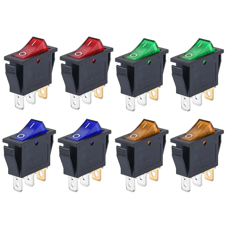 8pcs Rocker Switch 3 Pins 2 Position ON/Off AC 20A 125V 15A 250V SPST Yellow Red Green LED Light Illuminated Boat Rocker Switch