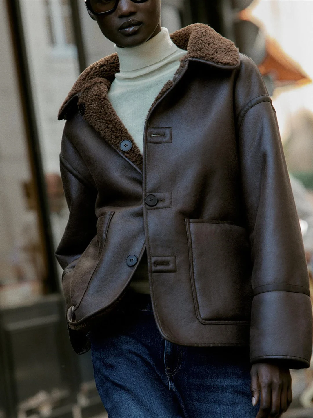 Faionable Double-Sided Wear Loose Lammfell Ledermantel Damenmantel Sli Pendeln Sle Kunstleder Wärme