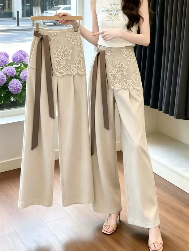 Women's Trouser Lace Up Design patchwork wide leg pants straight leg pants youthful stylish Summer Ladies Pants