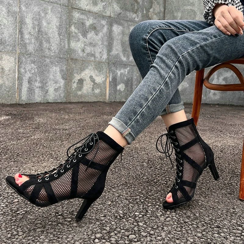 New Sexy stilettos Women Dance High Heels Shoes Cozy Modern Dance Mesh Boots Women\'s Black Ballroom Dancing shoes  Plus Sandals