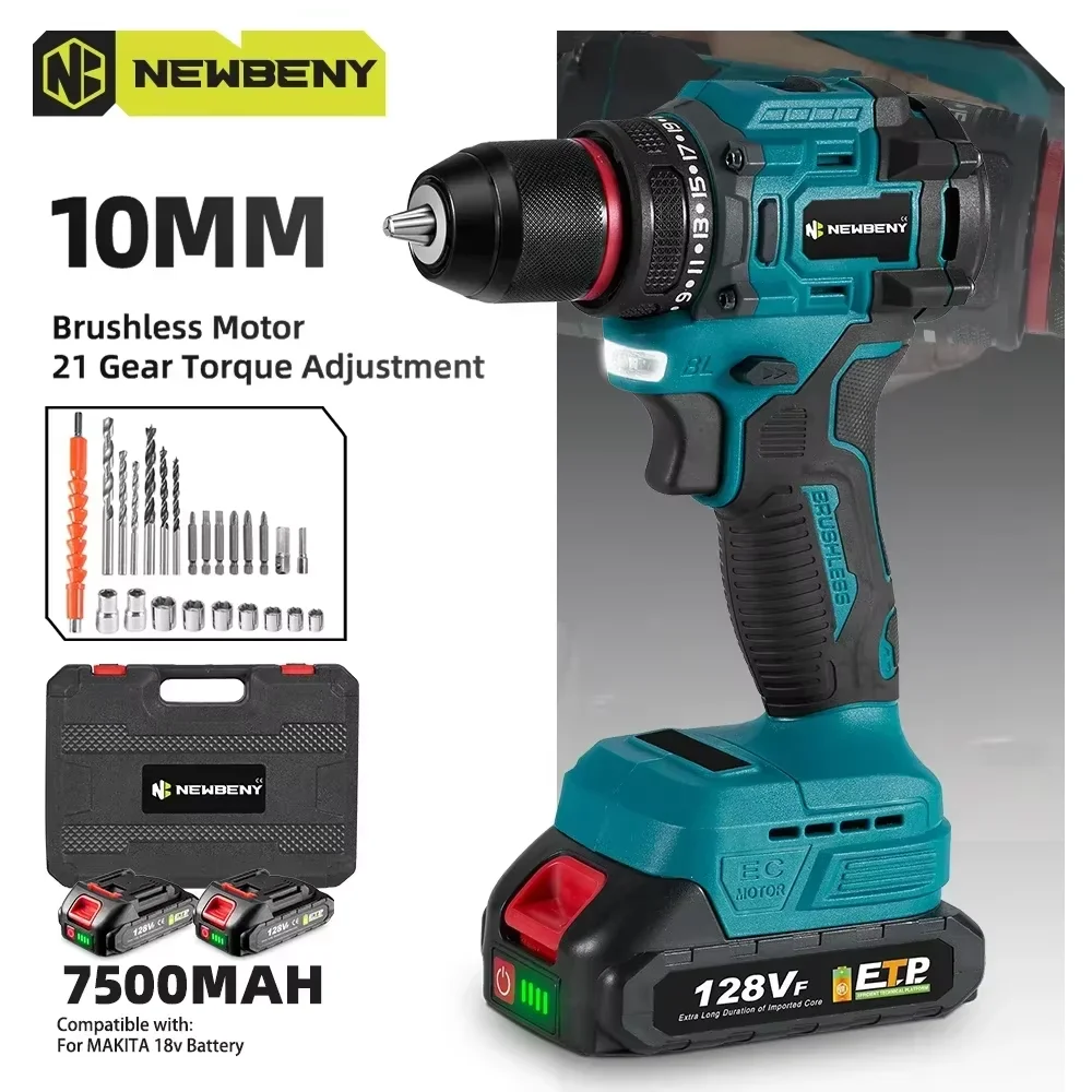 NEWBENY 10mm Brushless Electric Drill 21+2 Torque Multifunctional Cordless Electric Screwdriver For Makita 18V-21V Battery