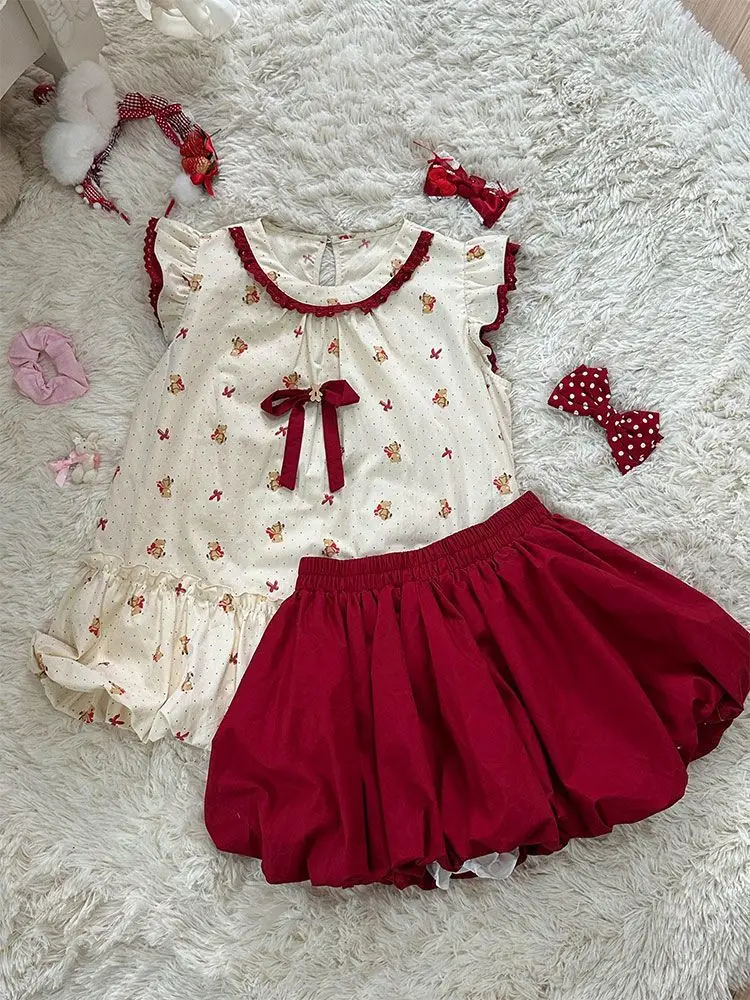 

Japanese Cute Sleeveless Patchwork Sets Women Schoolgirl Bud Top + Red Bud Skirt Suit Korea Chic New Two-piece Set Summer 2025