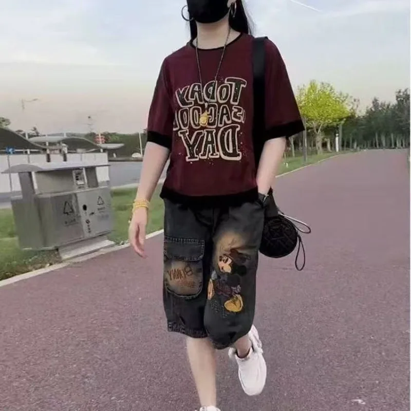

y2k 2026 Summer Women's Mickey Embroidered Knee-Length Denim Shorts, Lightweight Loose Casual Elastic Waist Harem Capri Pants