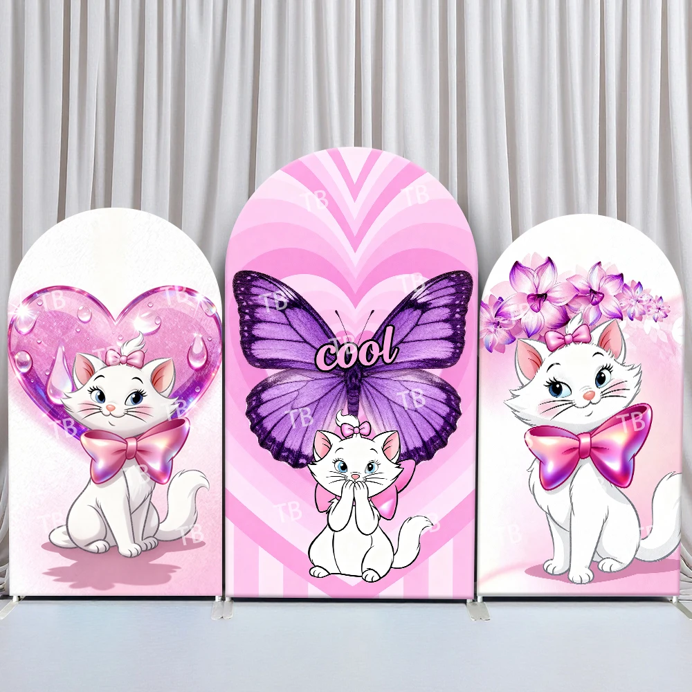 

Mary Cat Arch Backdrop Cover Birthday and Baby Shower Pink Heart Purple Butterfly Flower Theme for Kids Party Photo Booth Decor